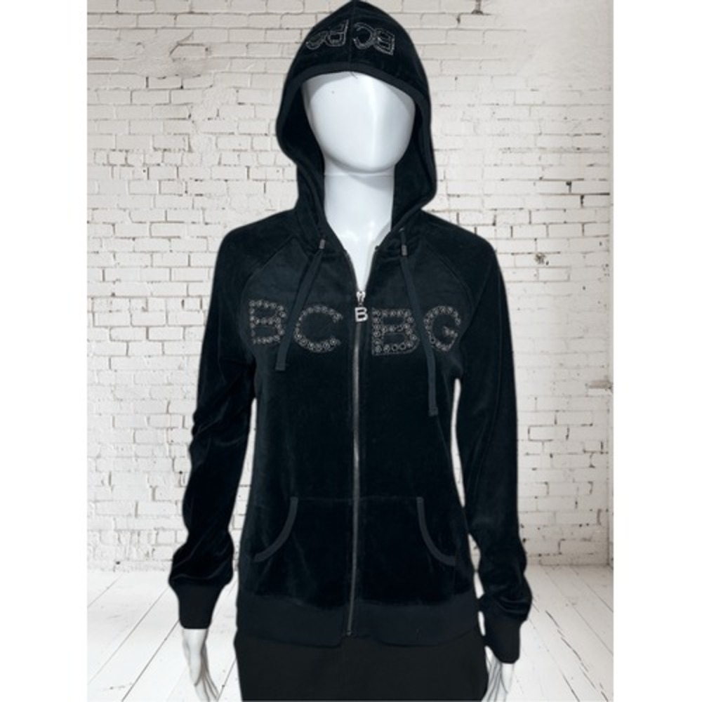 BCBG Black Velvet Jeweled Track LOGO Jacket Y2K Full Zip